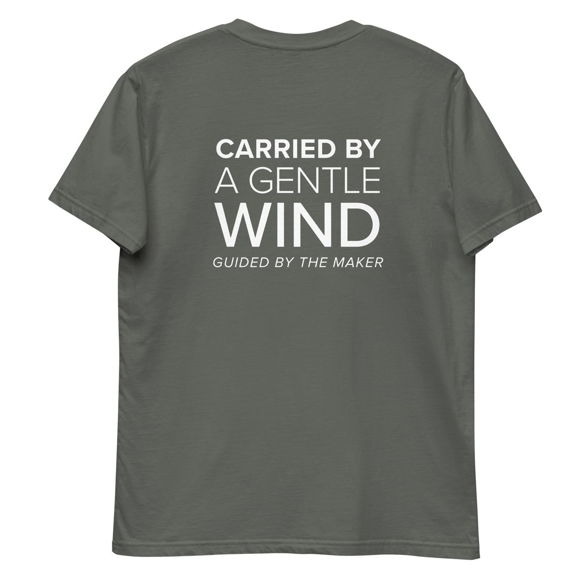 'Carried by a gentle wind' back print tee in charcoal, back view mockup showing the large message print