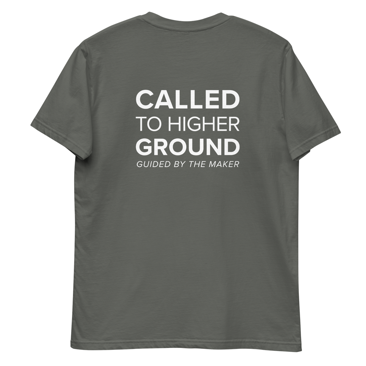 'Called to higher ground' back print tee in charcoal, back view mockup showing the large message print