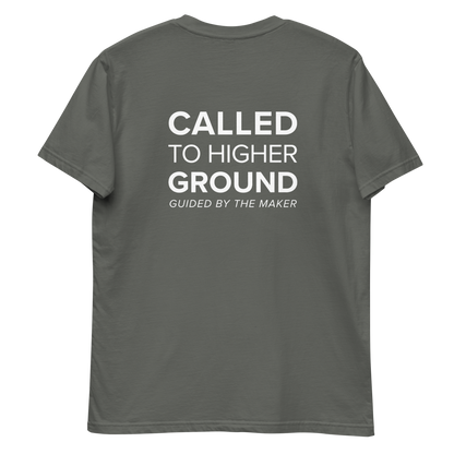 'Called to higher ground' back print tee in charcoal, back view mockup showing the large message print
