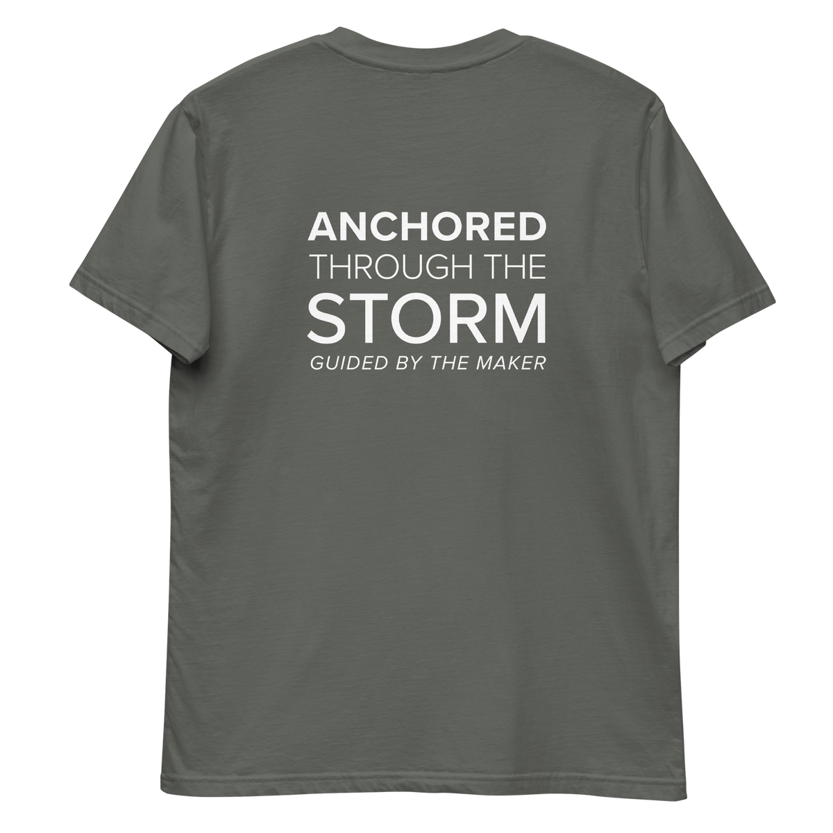 'Anchored through the storm' back print tee in charcoal, back view mockup showing the large message print