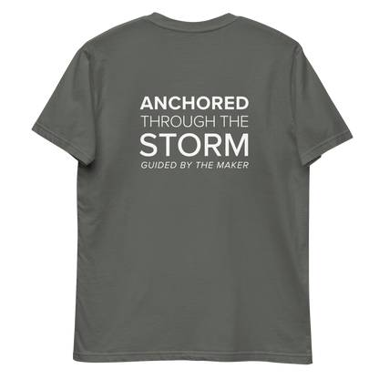 'Anchored through the storm' back print tee in charcoal, back view mockup showing the large message print