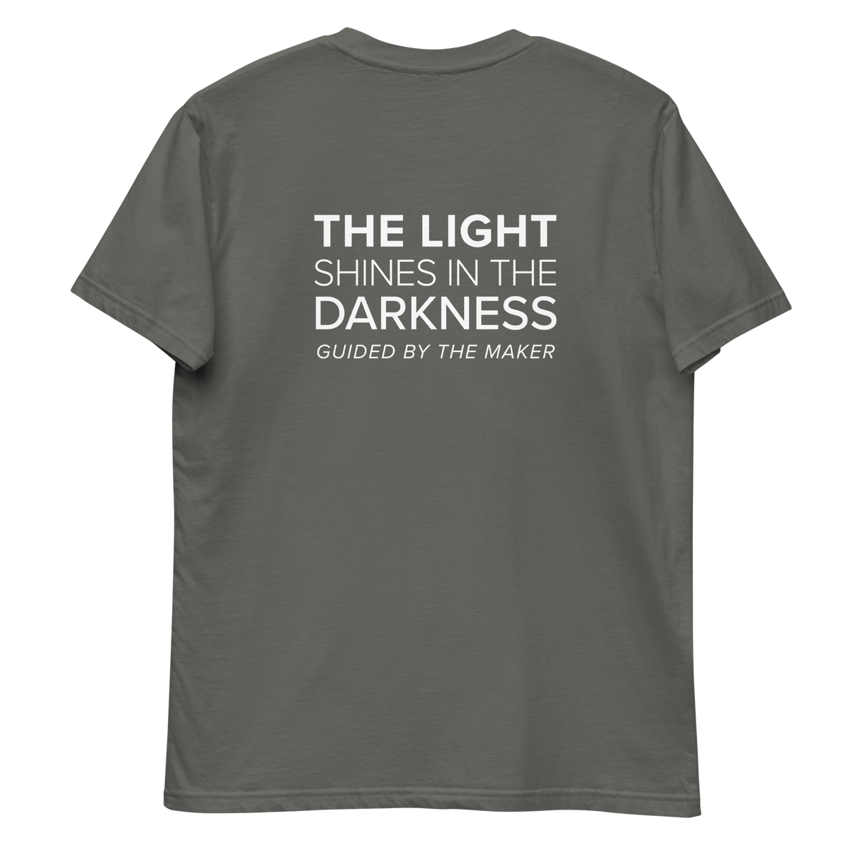 'The light shines in the darkness' back print tee in charcoal, back view mockup showing the large message print