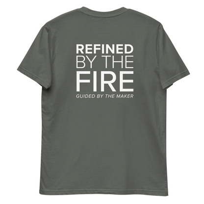'Refined by the fire' back print tee in charcoal, back view mockup showing the large message print