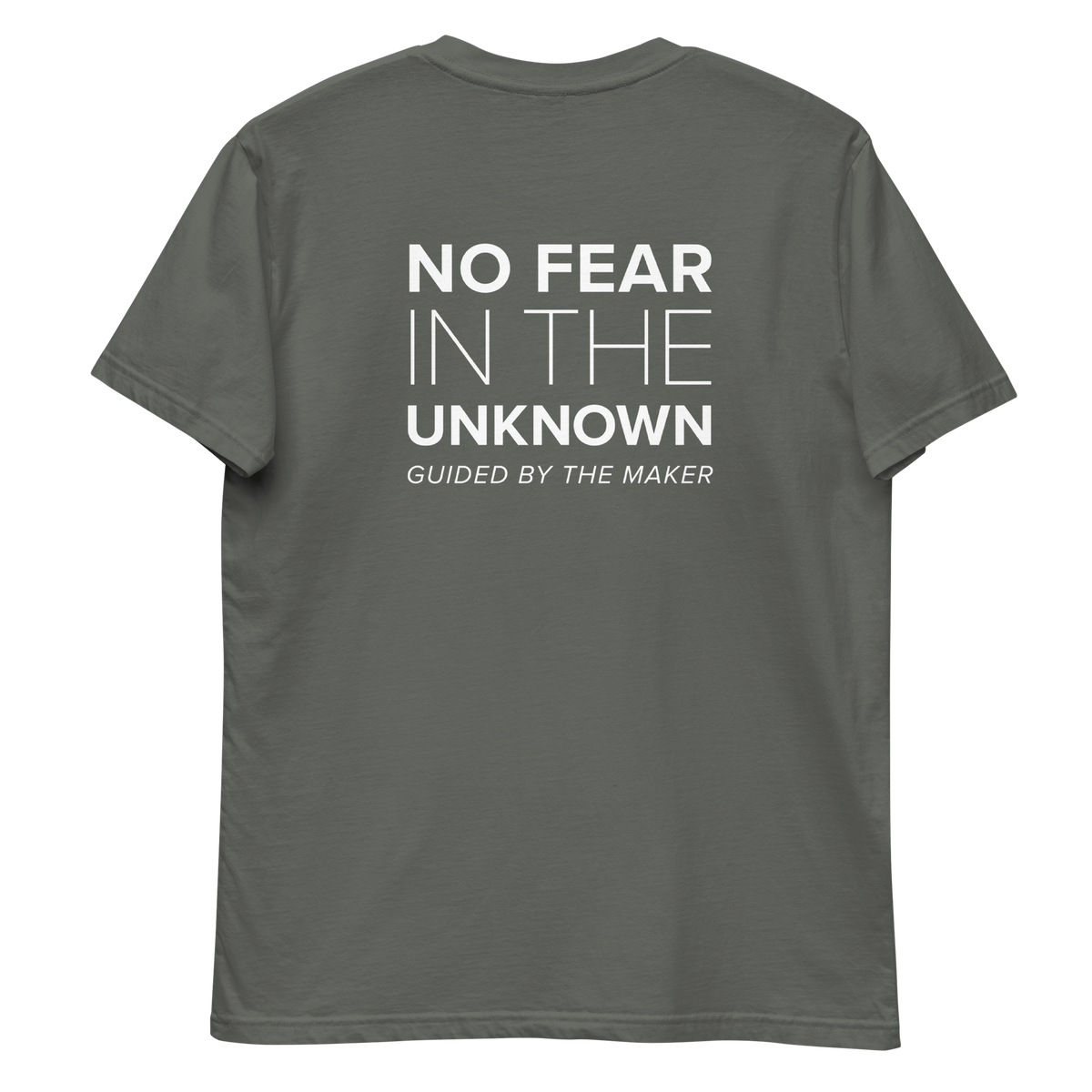 'No fear in the unknown' back print tee in charcoal, back view mockup showing the large message print