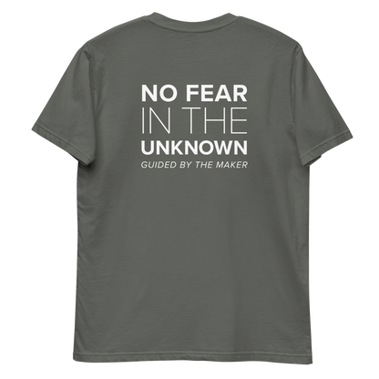 'No fear in the unknown' back print tee in charcoal, back view mockup showing the large message print