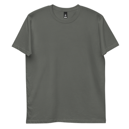 'Carried by a gentle wind' back print tee in charcoal, plain front view mockup