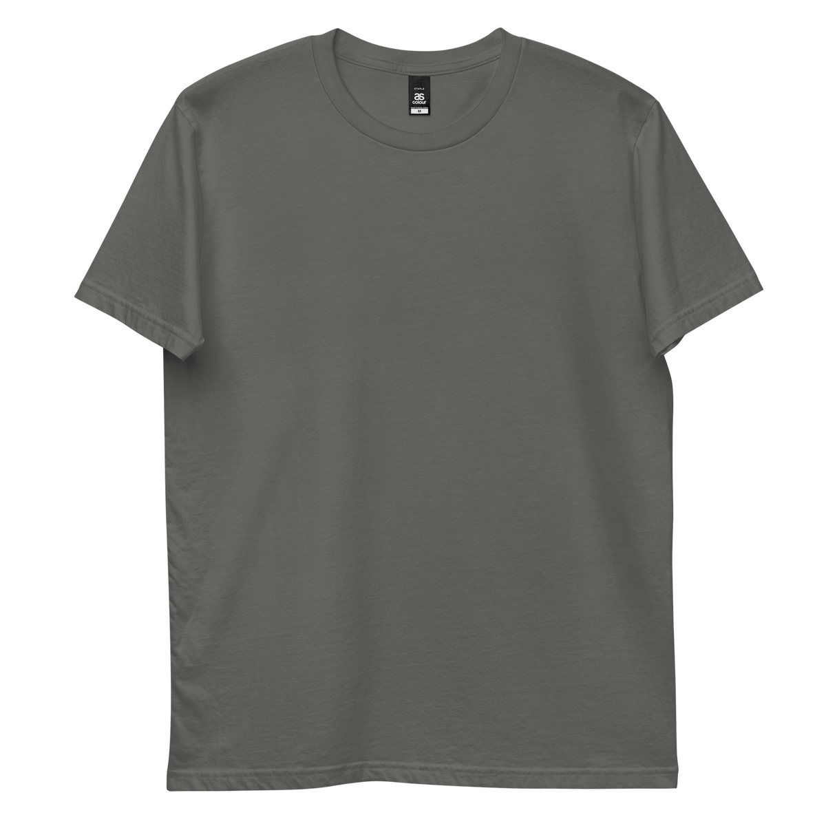 'Refined by the fire' back print tee in charcoal, plain front view mockup