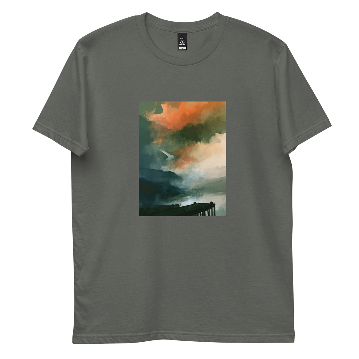 Harbour graphic tee in charcoal, front view mockup with white bird over misty harbour print