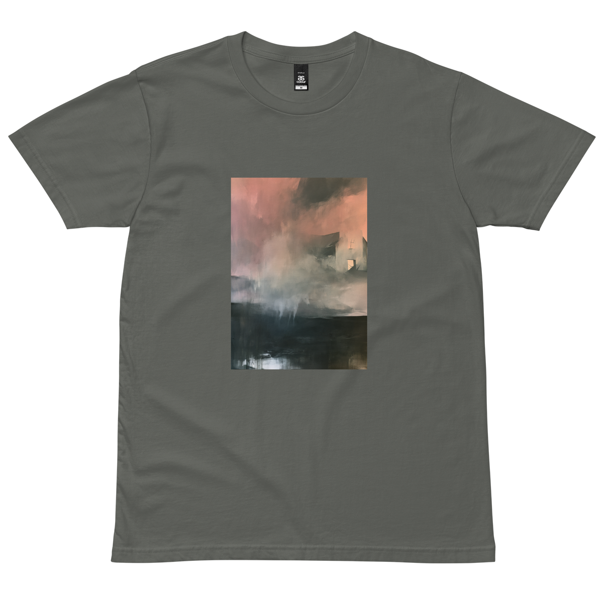 Glass graphic tee in charcoal, front view mockup with weathered house in pink mist print