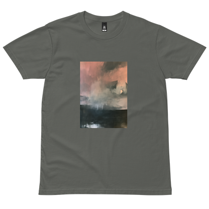Glass graphic tee in charcoal, front view mockup with weathered house in pink mist print