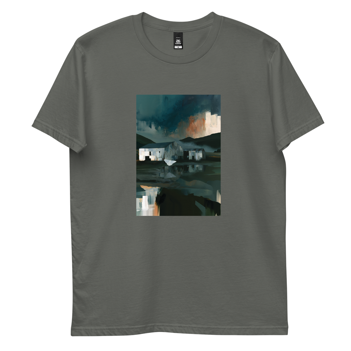 Evening Flight graphic tee in charcoal, front view mockup with farm sheds and stormy evening sky print