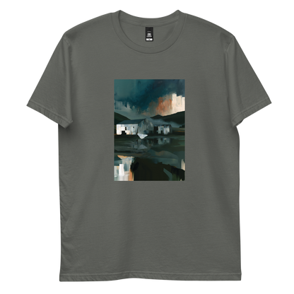 Evening Flight graphic tee in charcoal, front view mockup with farm sheds and stormy evening sky print