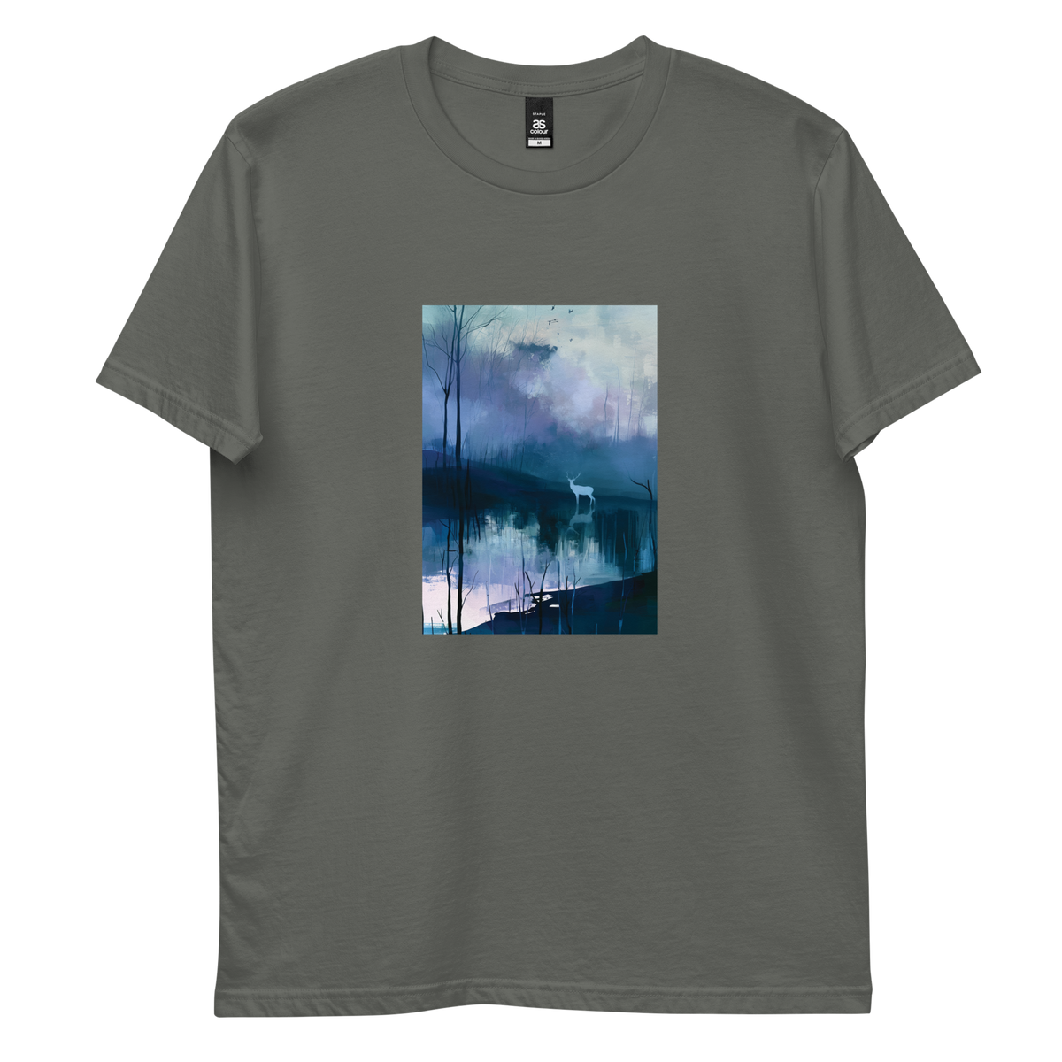 Hart graphic tee in charcoal, front view mockup with white stag and still blue water print