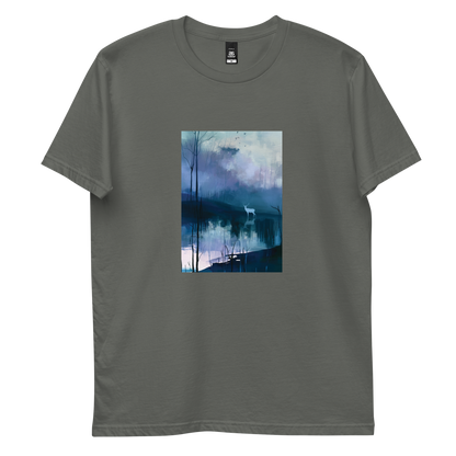 Hart graphic tee in charcoal, front view mockup with white stag and still blue water print