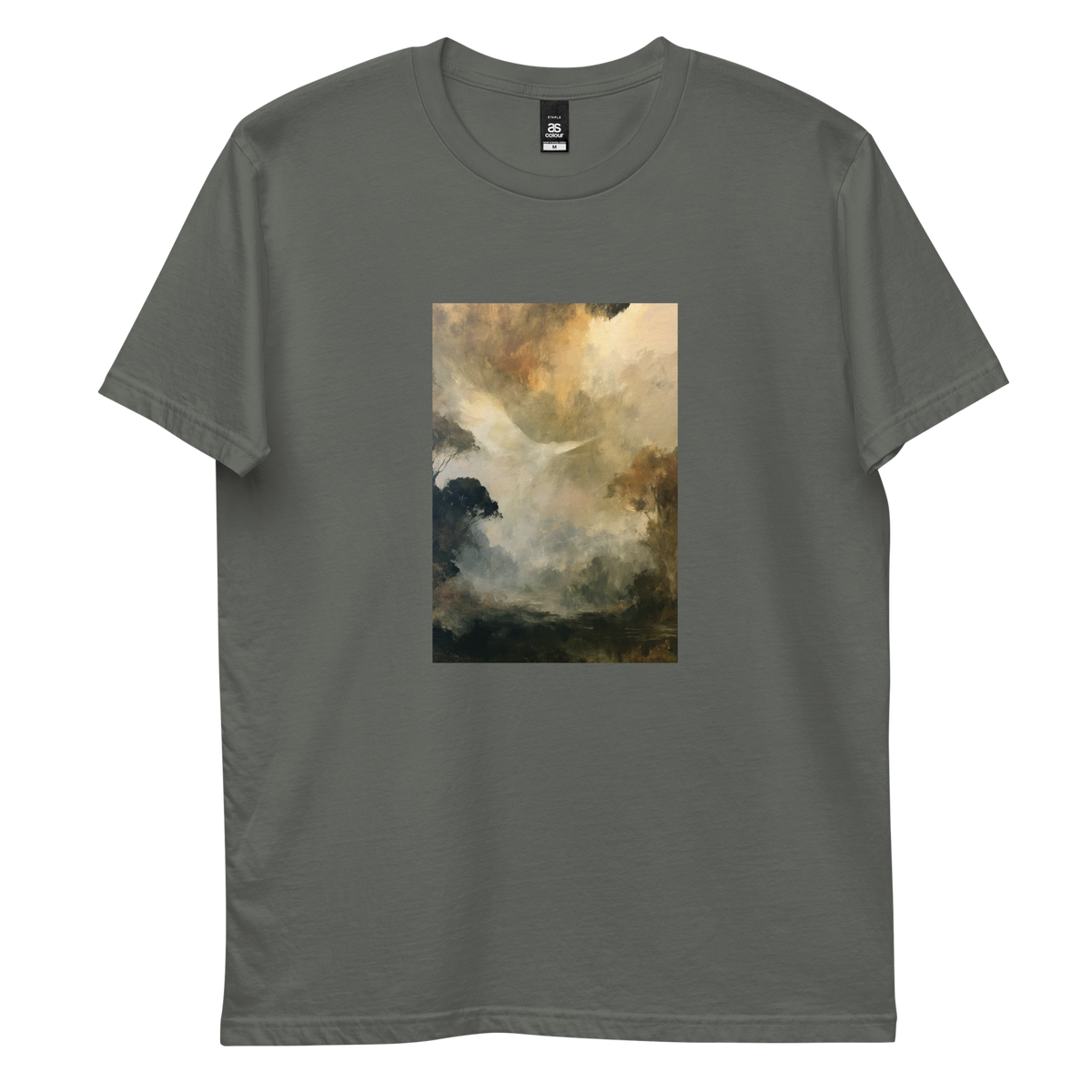 Ascend graphic tee in charcoal, front view mockup with white dove and golden mist print