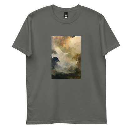 Ascend graphic tee in charcoal, front view mockup with white dove and golden mist print