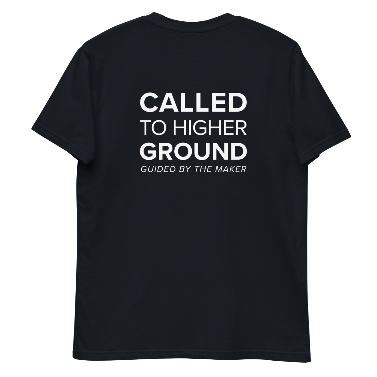 'Called to higher ground' back print tee in navy, back view mockup showing the large message print