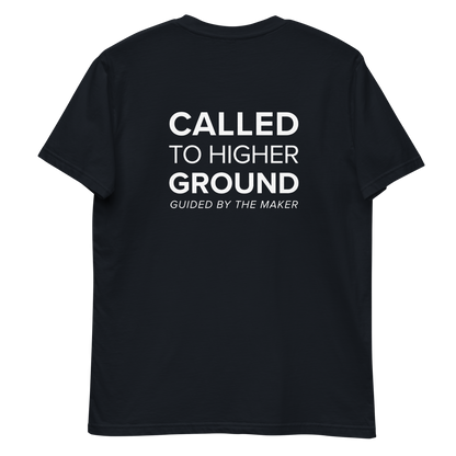 'Called to higher ground' back print tee in navy, back view mockup showing the large message print