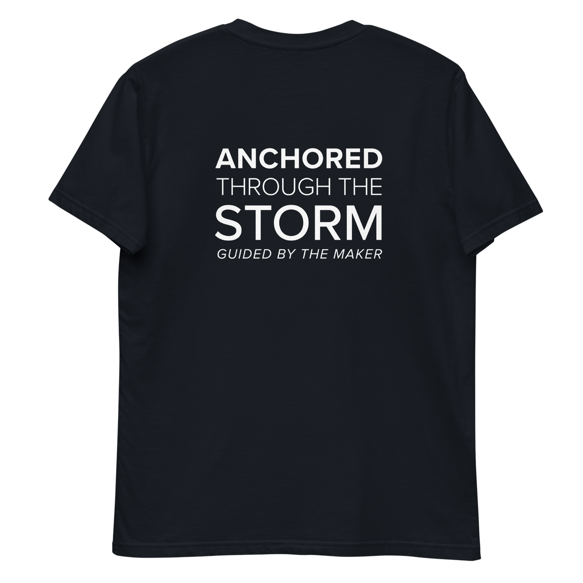 'Anchored through the storm' back print tee in navy, back view mockup showing the large message print