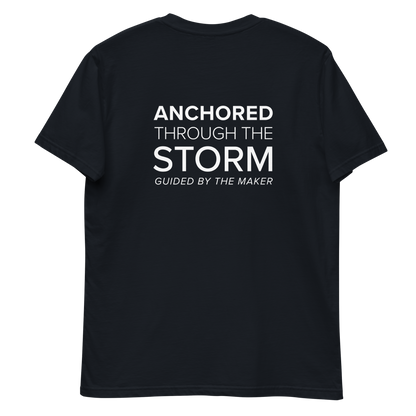 'Anchored through the storm' back print tee in navy, back view mockup showing the large message print
