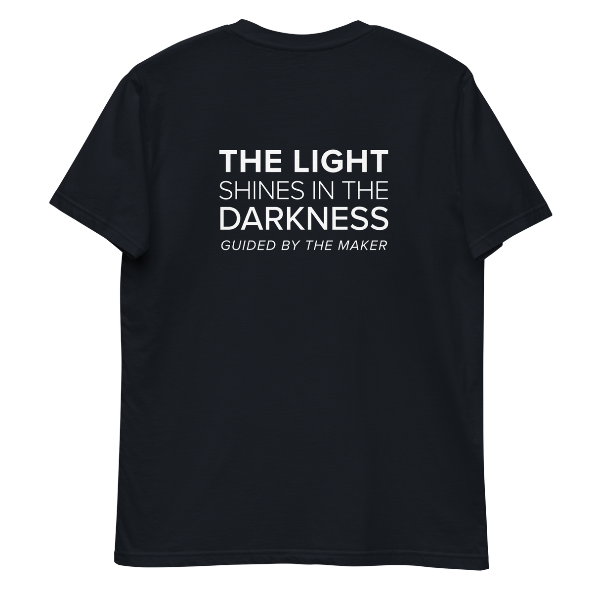 'The light shines in the darkness' back print tee in navy, back view mockup showing the large message print