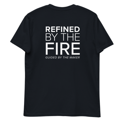 'Refined by the fire' back print tee in navy, back view mockup showing the large message print
