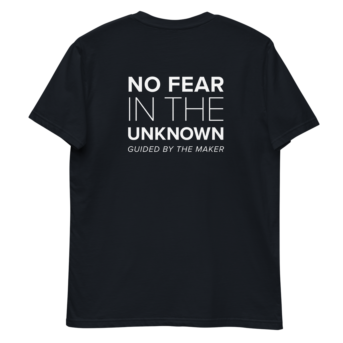 'No fear in the unknown' back print tee in navy, back view mockup showing the large message print