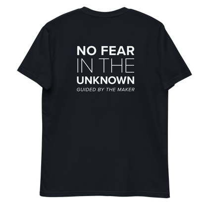 'No fear in the unknown' back print tee in navy, back view mockup showing the large message print