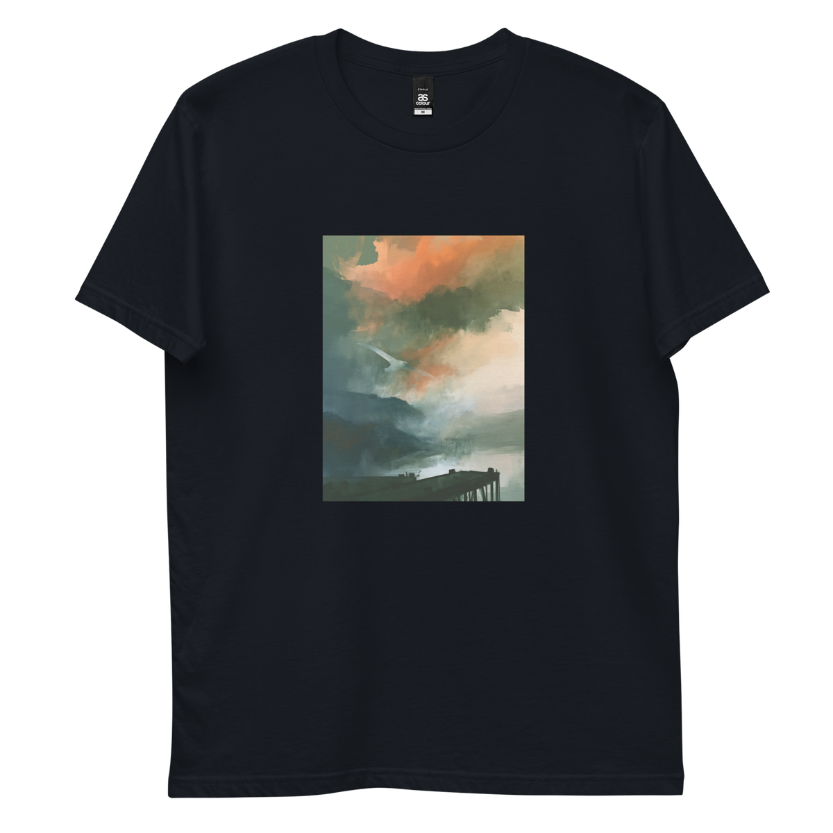Harbour graphic tee in navy, front view mockup with white bird over misty harbour print
