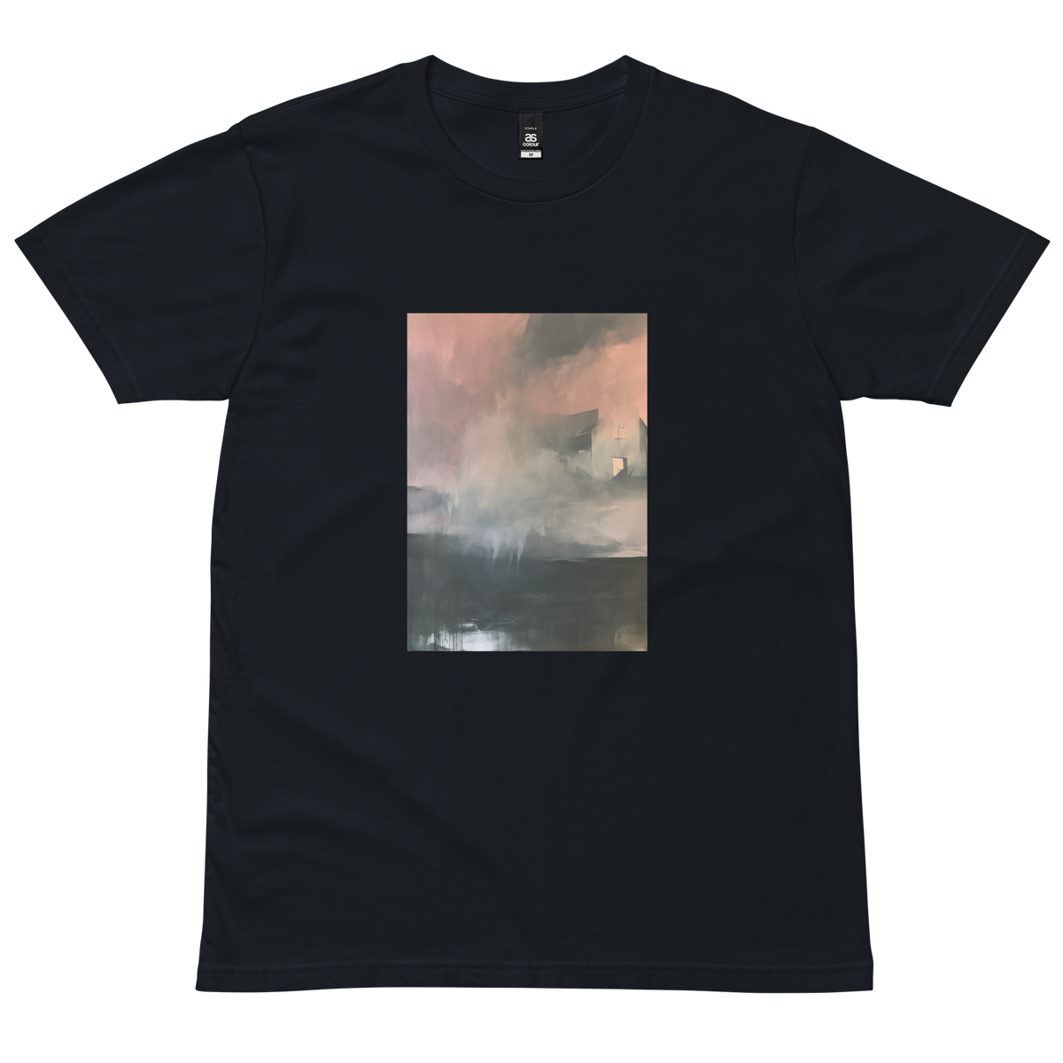 Glass graphic tee in navy, front view mockup with weathered house in pink mist print