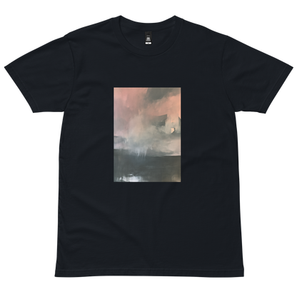 Glass graphic tee in navy, front view mockup with weathered house in pink mist print
