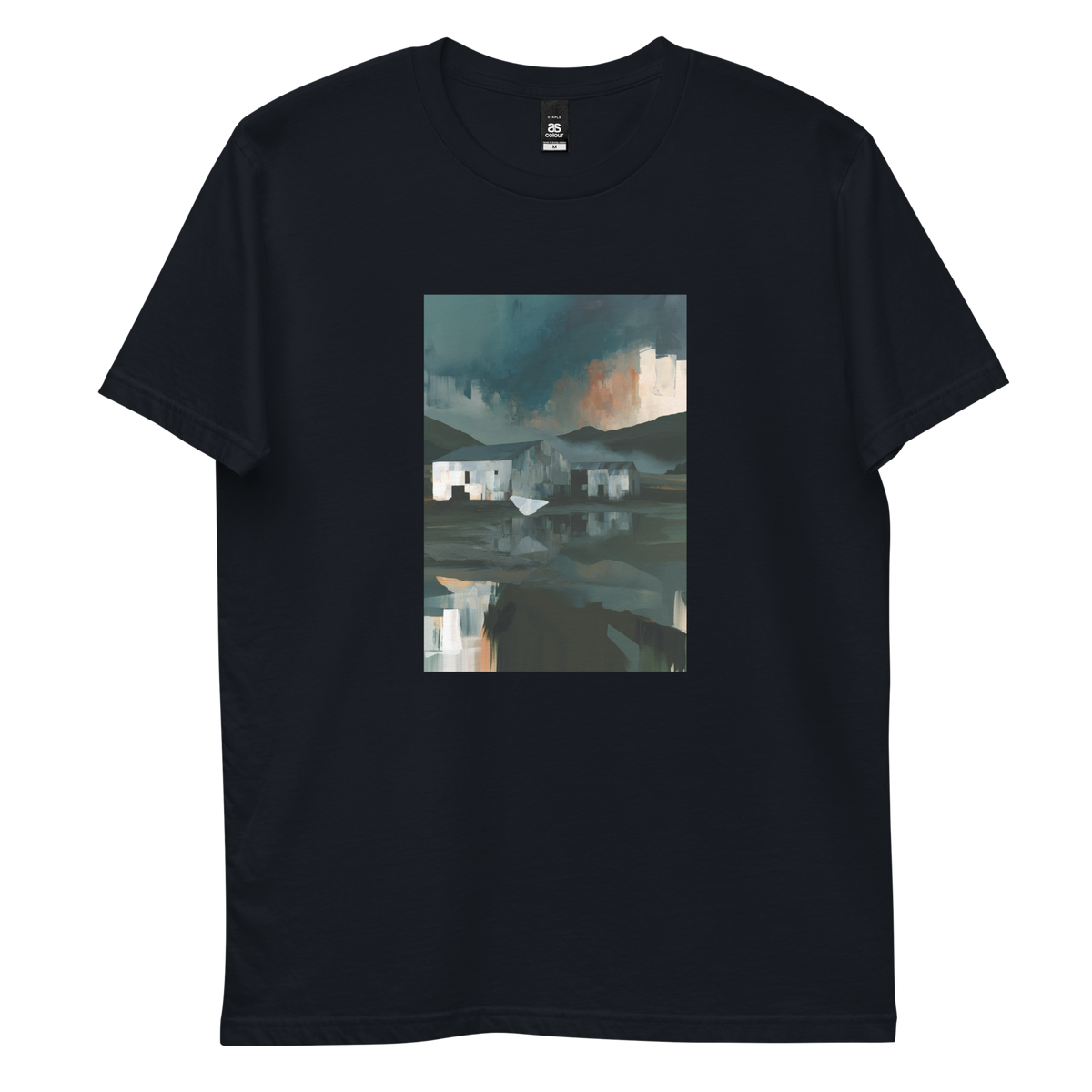 Evening Flight graphic tee in navy, front view mockup with farm sheds and stormy evening sky print