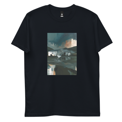 Evening Flight graphic tee in navy, front view mockup with farm sheds and stormy evening sky print
