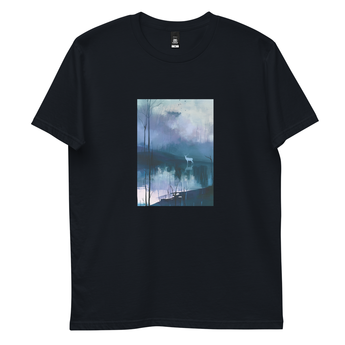 Hart graphic tee in navy, front view mockup with white stag and still blue water print