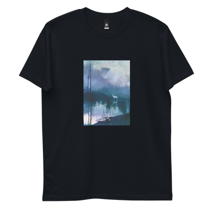 Hart graphic tee in navy, front view mockup with white stag and still blue water print