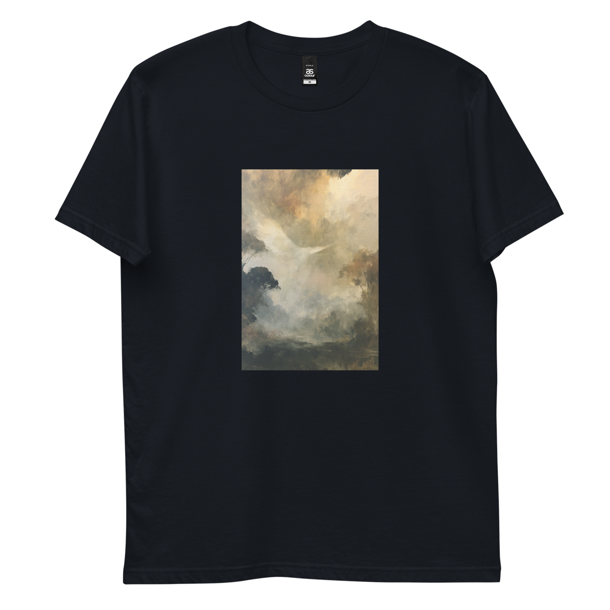 Ascend graphic tee in navy, front view mockup with white dove and golden mist print