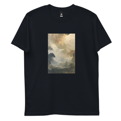 Ascend graphic tee in navy, front view mockup with white dove and golden mist print
