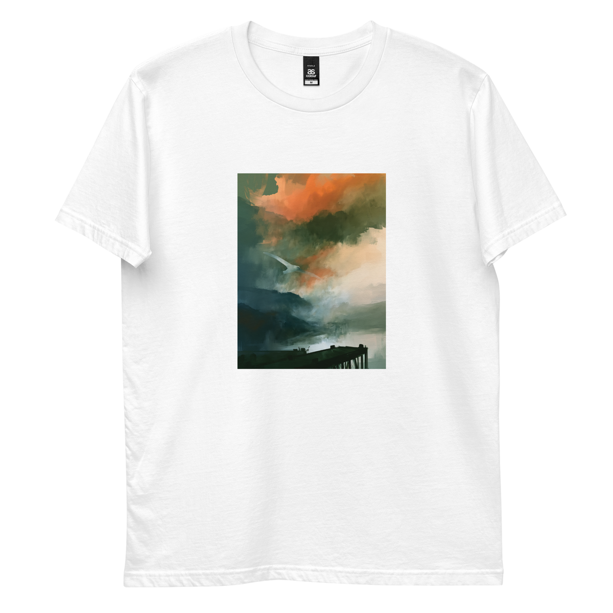 Harbour graphic tee in white, front view mockup with white bird over misty harbour print