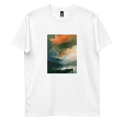 Harbour graphic tee in white, front view mockup with white bird over misty harbour print