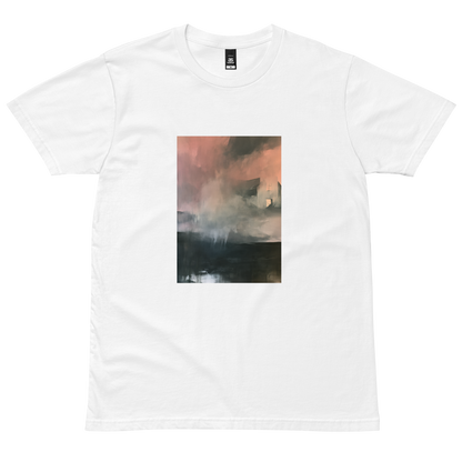 Glass graphic tee in white, front view mockup with weathered house in pink mist print
