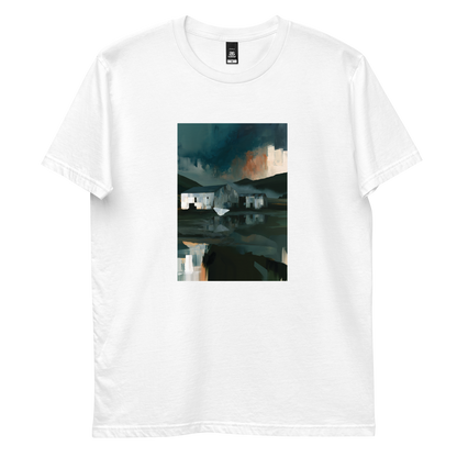 Evening Flight graphic tee in white, front view mockup with farm sheds and stormy evening sky print