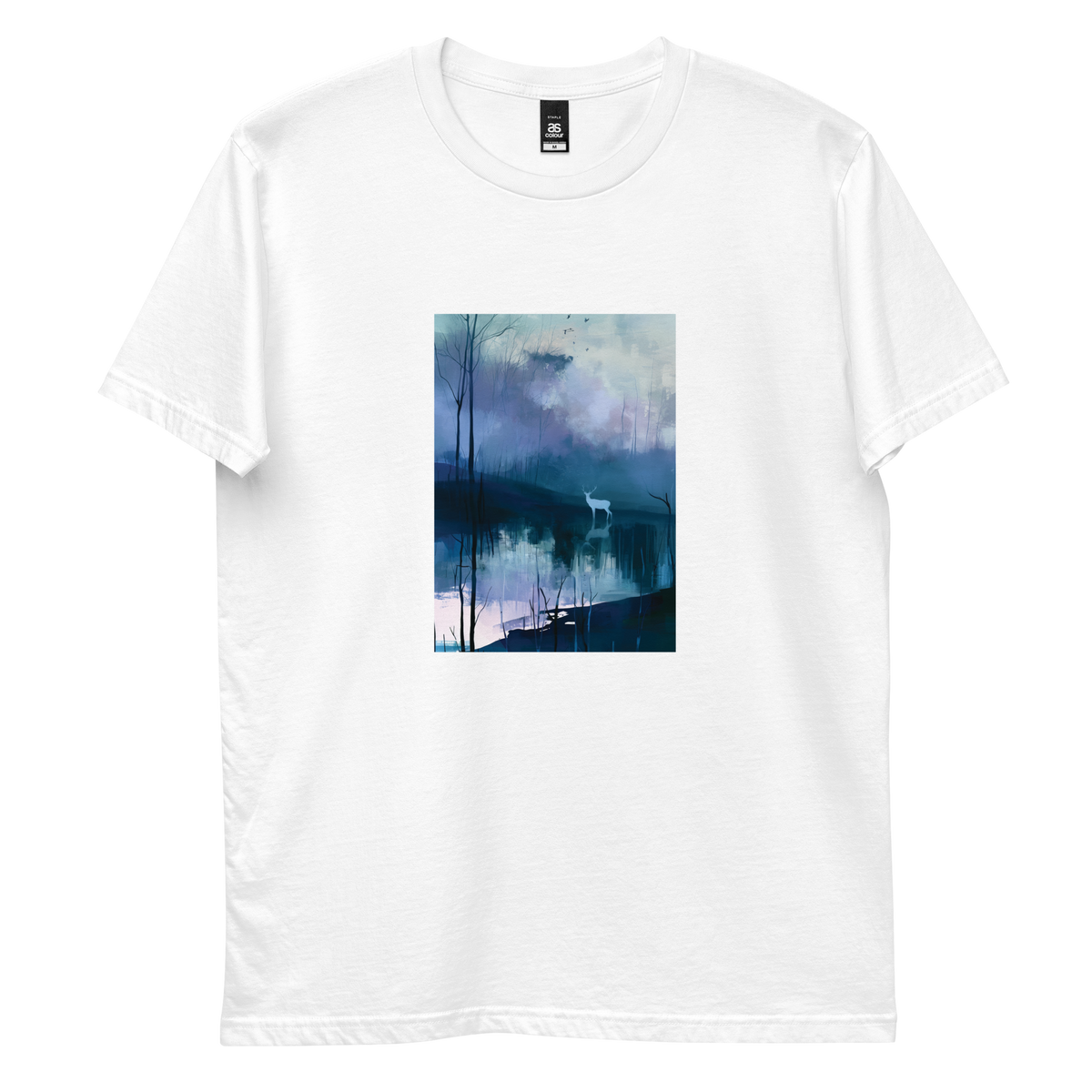 Hart graphic tee in white, front view mockup with white stag and still blue water print