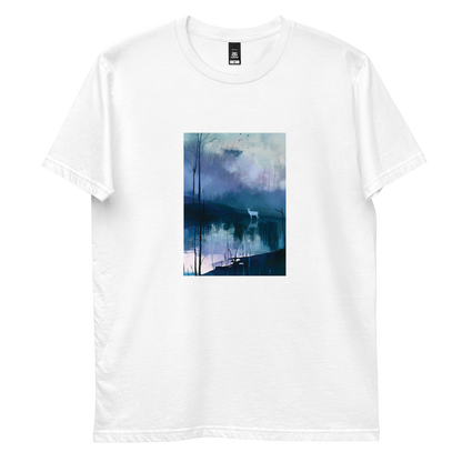 Hart graphic tee in white, front view mockup with white stag and still blue water print