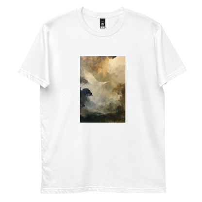 Ascend graphic tee in white, front view mockup with white dove and golden mist print