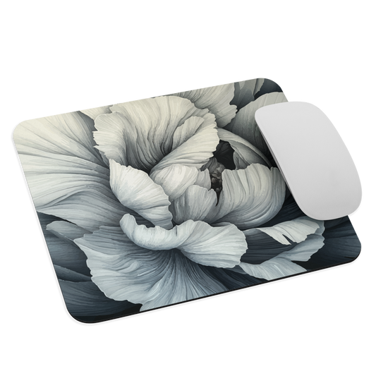 Black and white floral mouse pad featuring a soft, moody peony design by New Zealand artist Ben Hart.
