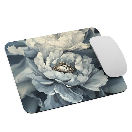 'Whisper' mouse pad features a stunning close-up of softly painted peony blooms in dreamy shades of ivory, grey, and smoky blue.