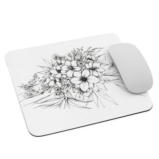 Black and white floral mouse pad with hand-drawn lilies and wildflowers