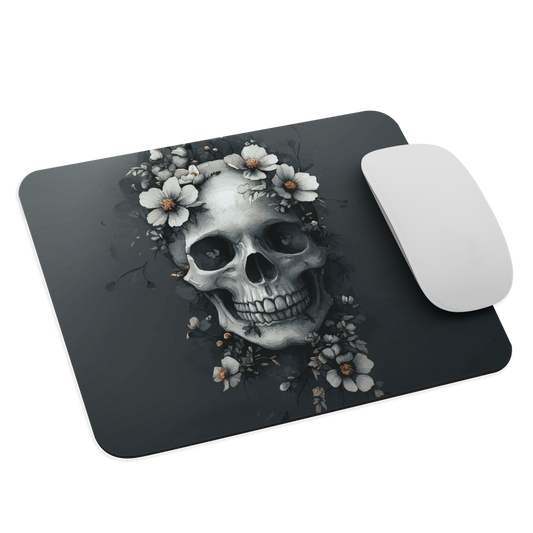 Gothic mouse pad with a floral skull design in grey tones, featuring white blossoms and dark detailing.