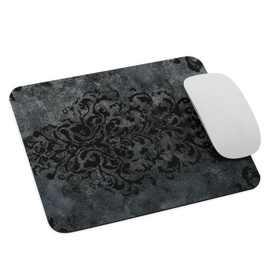 Dark damask patterned mouse pad with a vintage gothic aesthetic and textured stone background.