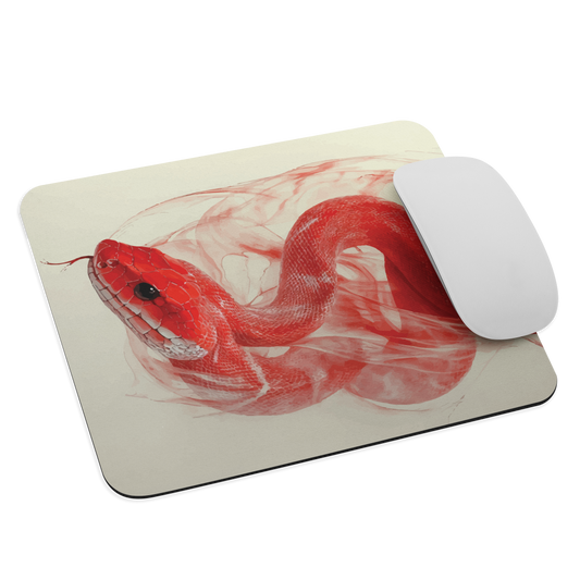 Mouse pad with red snake design on a cream background, coiled in smoky detail. Bold artwork by NZ designer Ben Hart.